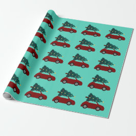 Julgranar Red Car Mönster Wrapping Papper Presentpapper
