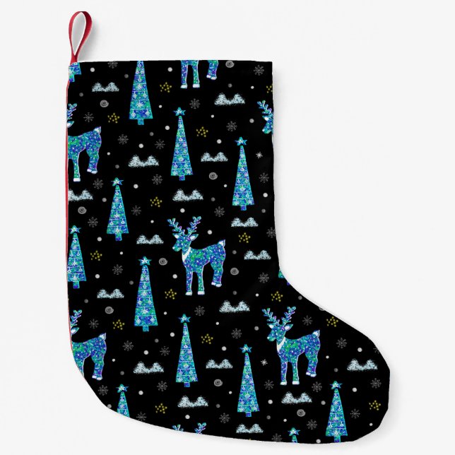 Julgranar, renar snöflingor. Winter illus Liten Julstrumpa (Framsidan)