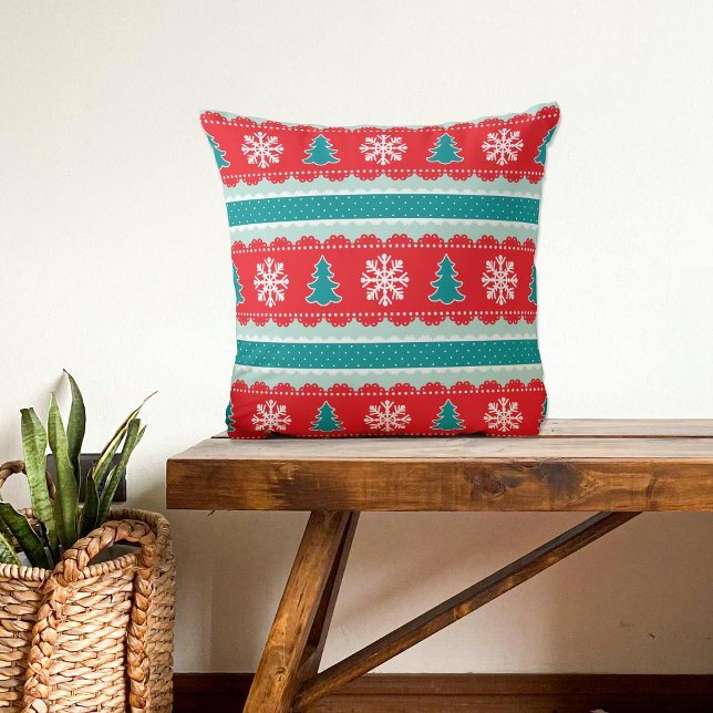 Julgranar Snöflingor Red Teal Mönster Kudde (Skapare uppladdad)