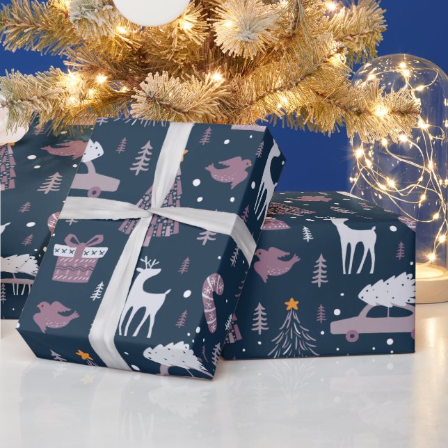 Julgranar Stjärnor Renar Mörkblå Jul Presentpapper (Helgdagar)