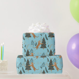Julgranar & tiger mönster Blå bakgrund Presentpapper