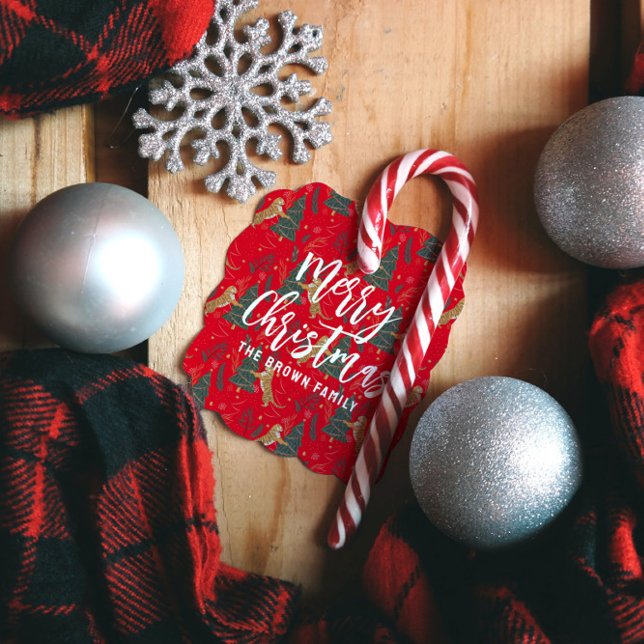 Julgranar & tigrar mönster röd bakgrund gåvor etiketter (Skapare uppladdad)