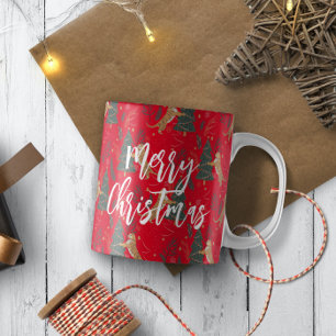 Julgranar & tigrar mönster röd bakgrund kaffemugg