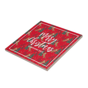 Julgranar & tigrar mönster röd bakgrund kakelplatta