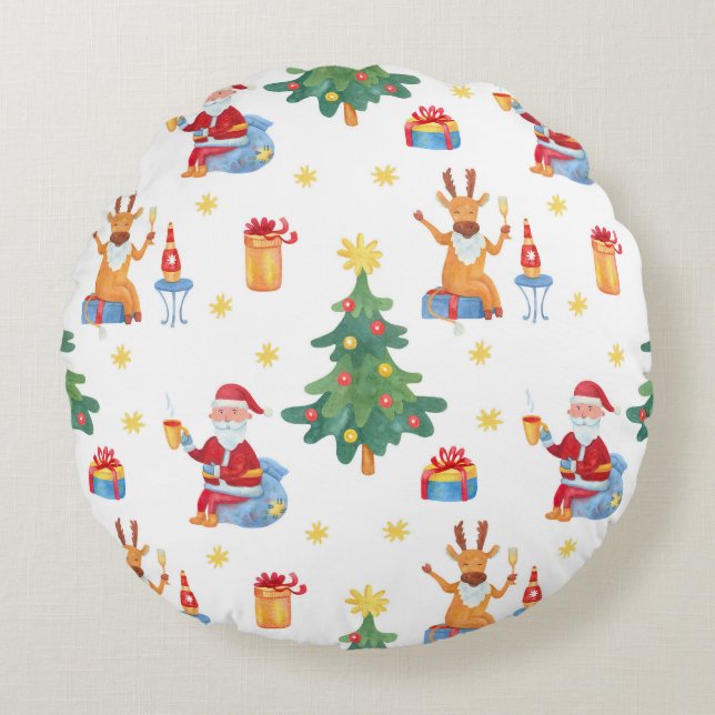 Julgranar, tomten: vattenfärgen mönster. rund kudde (Framsidan)