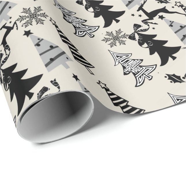 Julgranar Wrapping Papper Beige Black Presentpapper (Rullad Hörn)