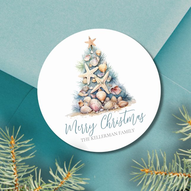 Julgranens strand runt klistermärke (Christmas Tree Beach Classic Round Sticker)