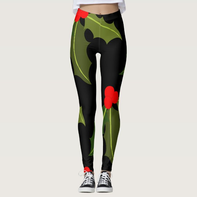 Julgranlöv och bär mönstrad legging (Framsida)