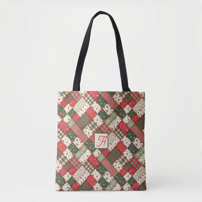 Julgranmönster patchwork grön röd namn tygkasse (Framsida)