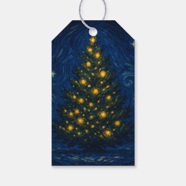 Julgranpresenttaggar i Van Gogh-stil Presentetikett (Framsidan)