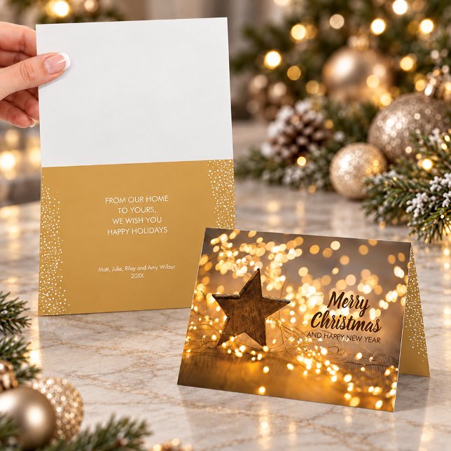 Julgransbelysning Holiday Kort (Strands of Christmas lights and rustic Star folded holiday cards PRINTED and/or INSTANT DOWNLOAD)