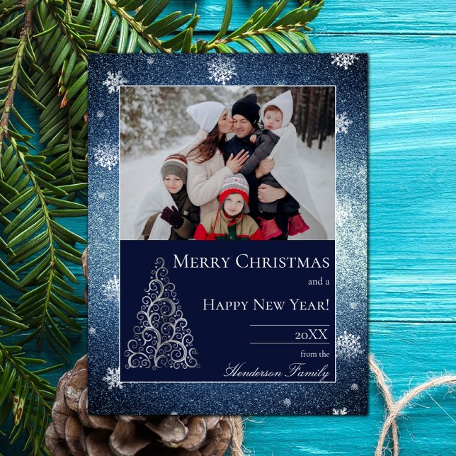 Julgransglitter och snöflingor | Blå Julkort (Christmas Tree Glitter and Snowflakes Holiday Photo Card - Blue)