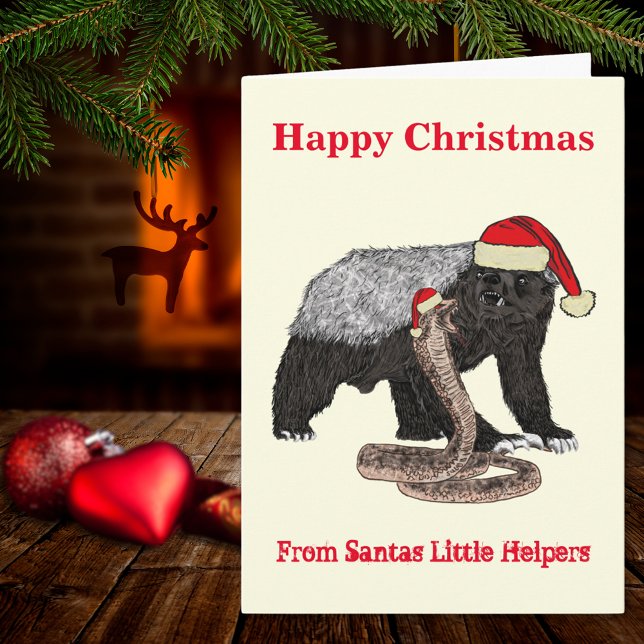 Julgransjärv vs Orm Roligt Santa Ironi Kort (Funny christmas honey badger and snake wearing Santa hats holiday folded greetings cards)