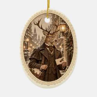 Julgranskukke med victoriansk hjortbrevbärare julgransprydnad keramik