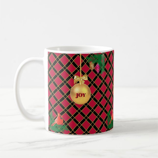 Julgranskula, fågel, kottar i svart och rött kaffemugg (Vänster)