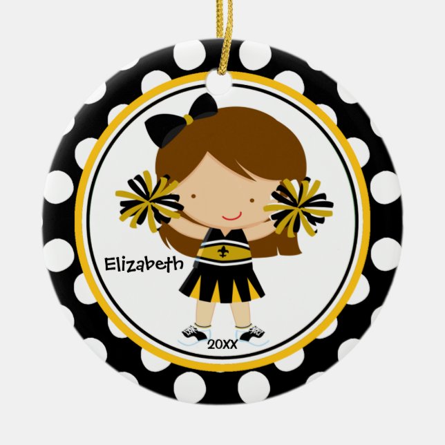 Julgransprydnad Cheerleader Flicka Svart Guld Keramik (Framsidan)