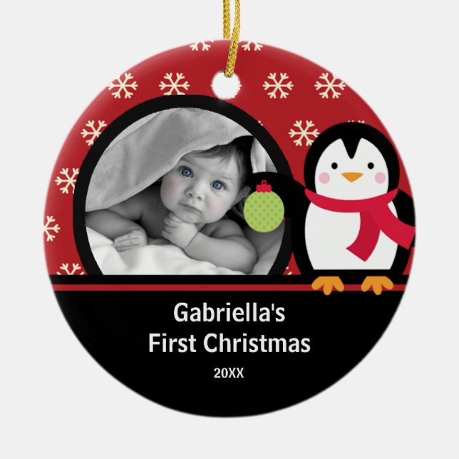 Julgransprydnad för bebisens första jul med pingvi keramik (Framsidan)