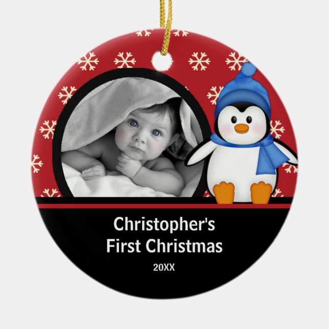 Julgransprydnad för bebisens första jul med pingvi keramik (Framsidan)
