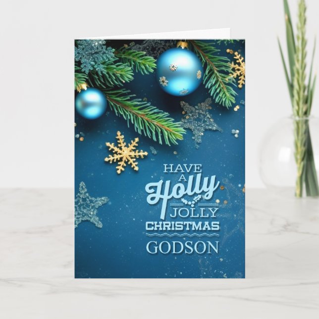 julgransprydnad i Godson Blue Holly Jolly Helgkort (Framsida)
