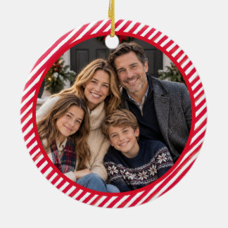 Julgransprydnad med familjefoto, röda ränder & ros keramik
