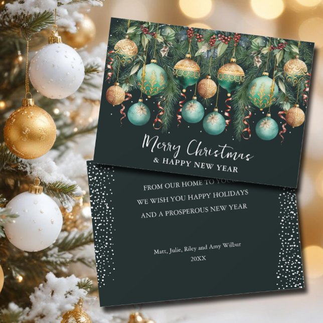 Julgransprydnader i chic stil julkort (Chic Merry Christmas gold and green tree ornaments flat holiday greeting cards)