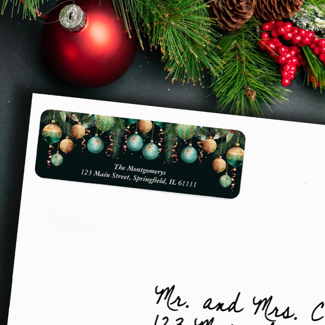 Julgransprydnader i guld och grönt för returadress etikett (Gold and Green Christmas Tree Ornaments Return Address Labels)