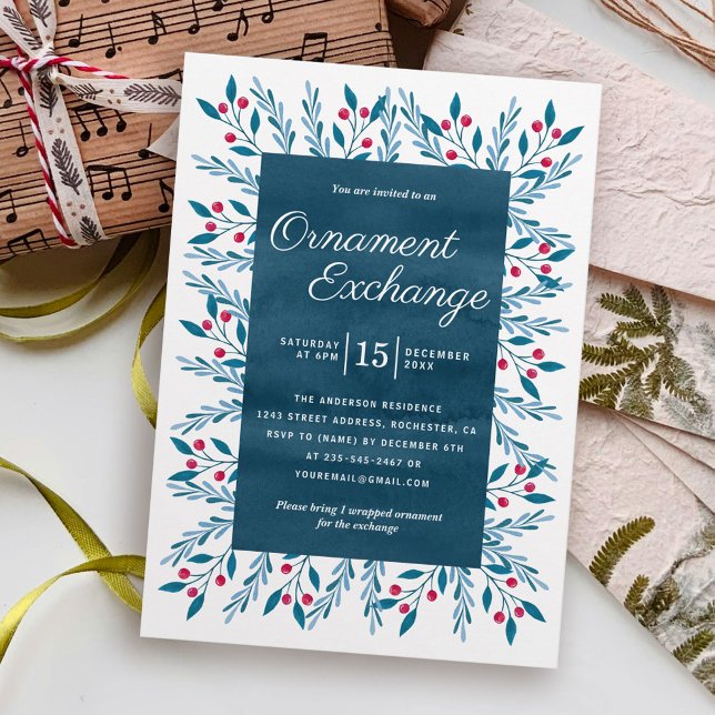 Julgransprydnadsbytesfest Blå Akvarell Inbjudningar (Skapare uppladdad)