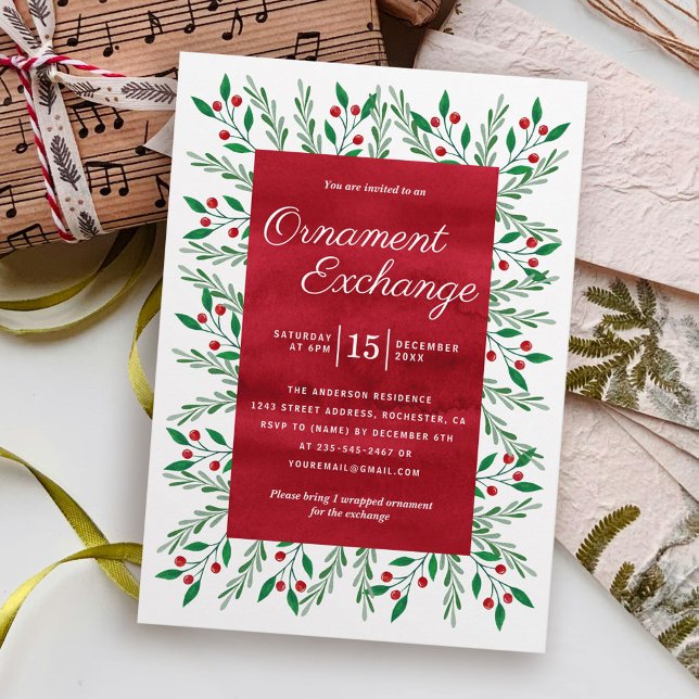Julgransprydnadsbytesfest Röd akvarell Inbjudningar (Skapare uppladdad)