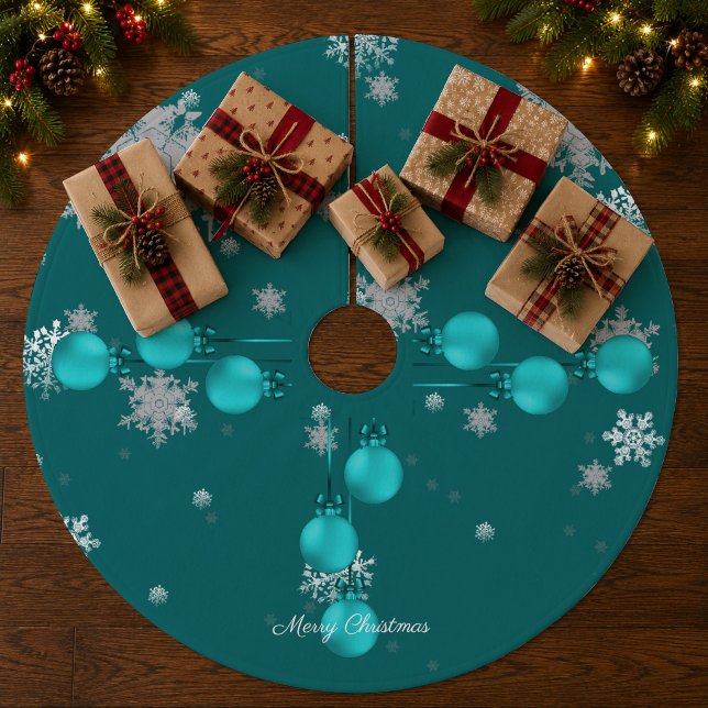 Julgransskört i teal färg med ornament julgransmatta fleece (Teal Christmas Ornaments Tree Skirt)