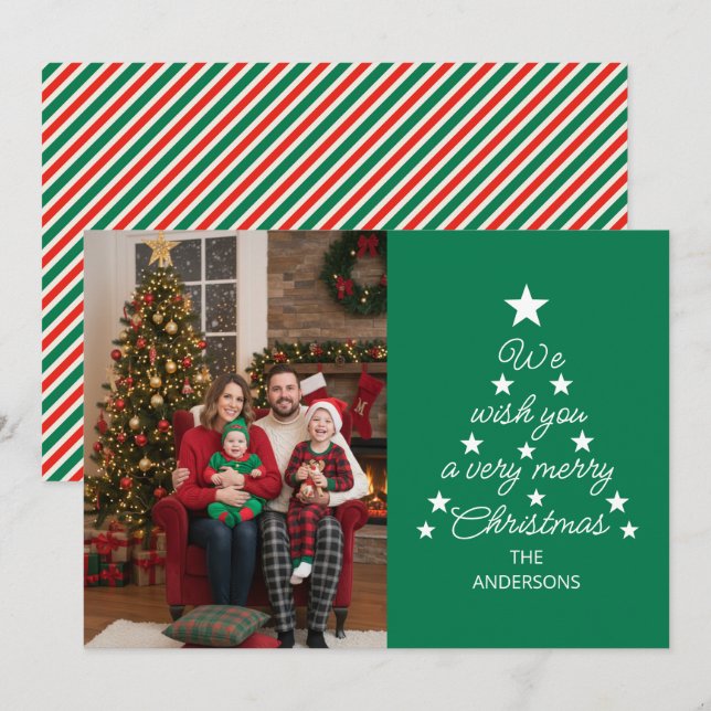 Julgranstypsnitt Familjefoto Stjärnor Grön Julkort (Fram/baksida)