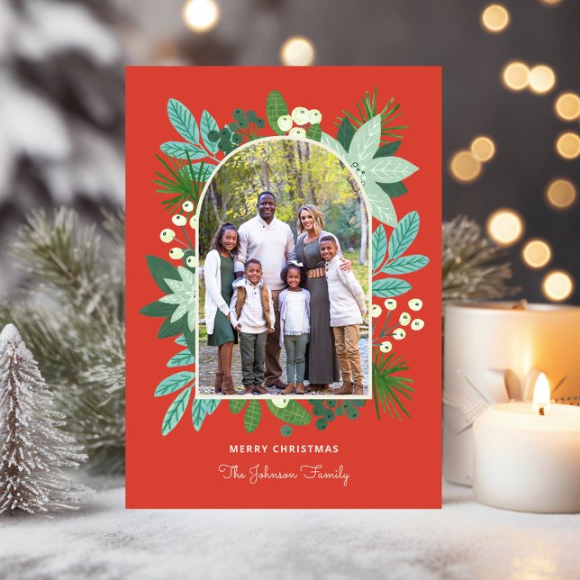 Julgrattkort med blomstermotiv och valvformad ram julkort (Arch Frame Floral Merry Christmas Photo Holiday Card)