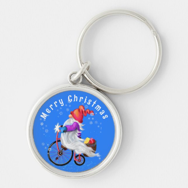 Julgrav med Bike och Gifts Keychain Gift Rund Silverfärgad Nyckelring (Framsidan)