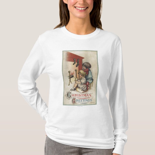 JulGreetingLittle flickor vid spis T Shirt (Framsida)