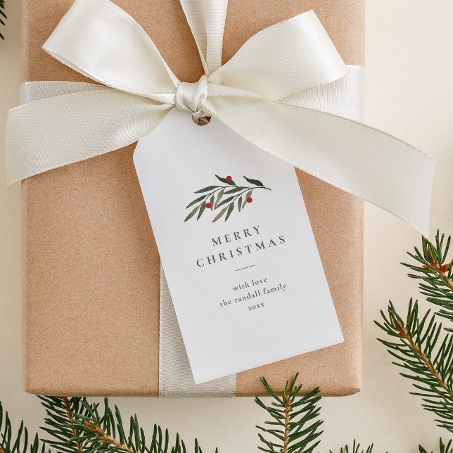 Julgrey Löv minimal Typography White Presentetikett (Simple greenery leaves merry christmas holiday gift tags.)