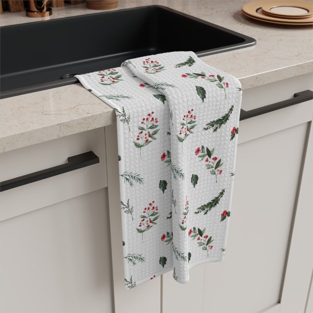 Julgrey och Holly Berries Mönster Kökshandduk (Skapare uppladdad)