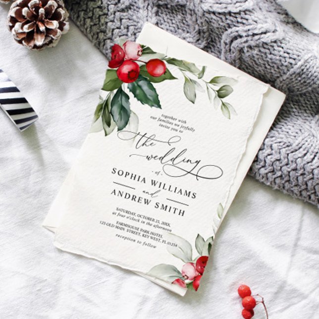 Julgrey och Red Berries Bröllop Inbjudningar (Christmas Wedding Invitation)