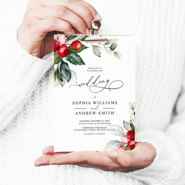 Julgrey och Red Berries Bröllop Inbjudningar (Christmas Wedding Invitation)