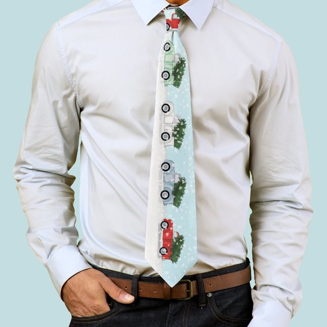 Julgrisk, Rustic Colorful Lastbil Snöflingor Slips (Winter red, blue, white and green trucks neck tie. )