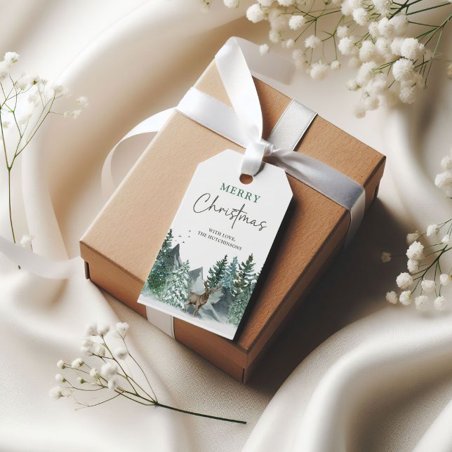 Julgrön akvarell tallskog Högtid Presentetikett (Skapare uppladdad)