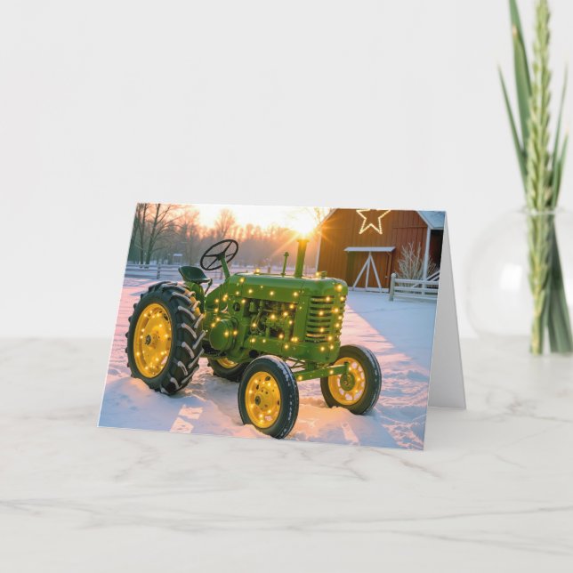 Julgrön gammal jordbrukstraktor helgkort (Framsida)