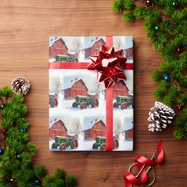 Julgrön jordbrukstraktor och röd lada presentpapper (Julgåva)