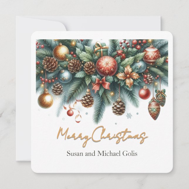 Julgrön julkrans i guld  julkort (Framsida)