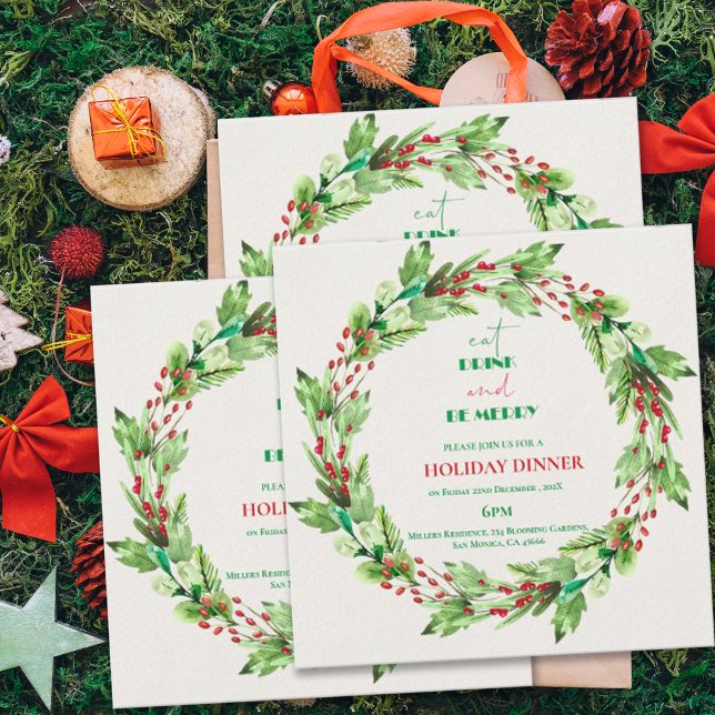 Julgrön krans julfest inbjudan (Green Leaves Wreath Christmas Party Invitation)