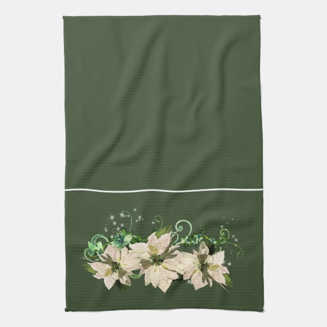 Julgrön och vit Poinsettia kökshandduk (Vertikal)