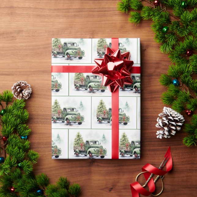 Julgrön Retro Lastbil Med Träd Presentpapper (Julgåva)