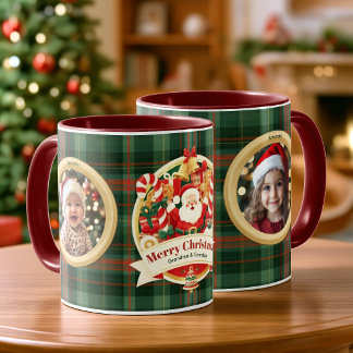 Julgrön Rutig Santa Familjefoton Anpassade Mugg