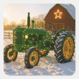 Julgrön traktor med lysande ljus fyrkantigt klistermärke