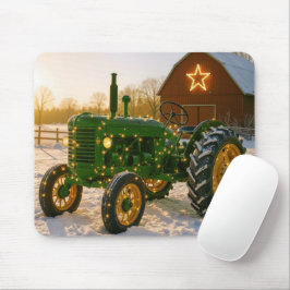 Julgrön traktor med lysande ljus musmatta