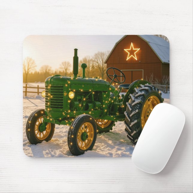 Julgrön traktor med lysande ljus musmatta (Med mus)