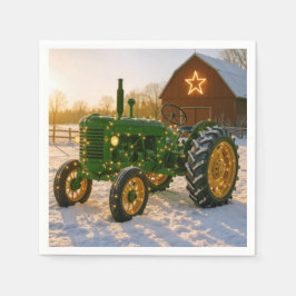 Julgrön traktor med lysande ljus pappersservett